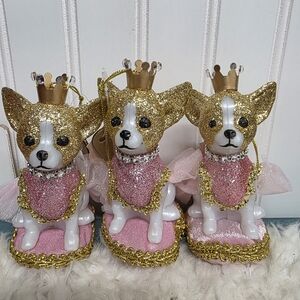 2 Gold and Pink Chihuahua Ornaments